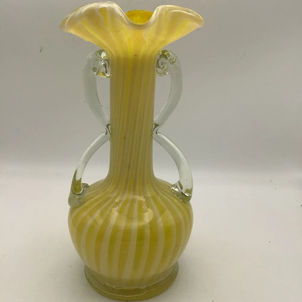 Vintage Murano Style Handblown Yellow and Clear Swirl Glass Vase